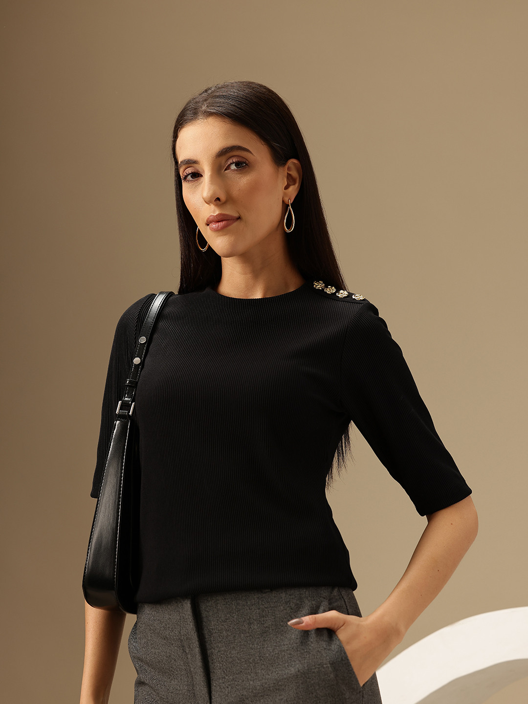 Chemistry Jewel Button Embellished Ribbed Crop Top