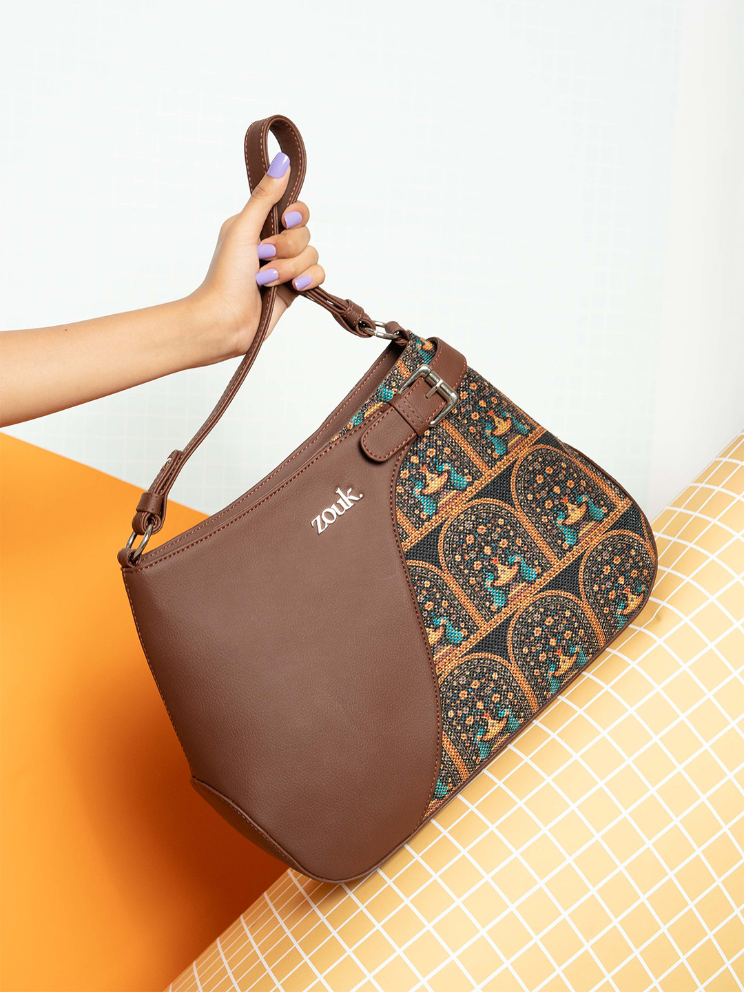Alt by Zouk  Ira Peacock Ethnic Motifs Printed Leather Bucket Handheld Bag