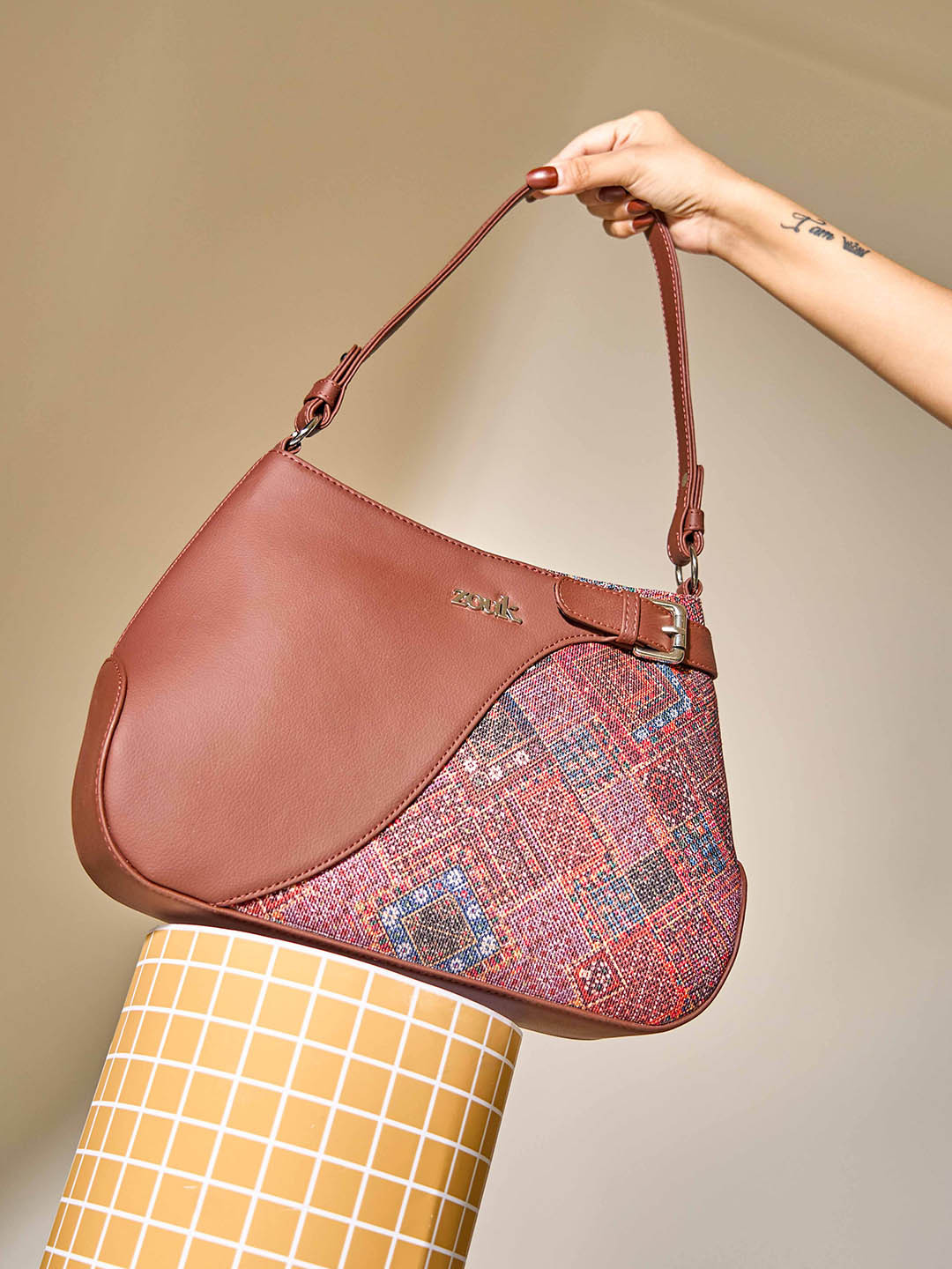 Alt by Zouk  Bhuj Rabari Printed Leather Bucket Handheld Bag