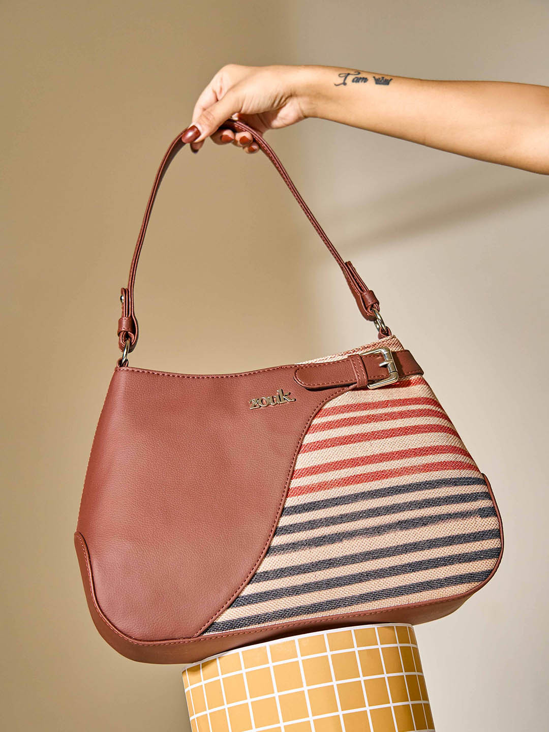 Alt by Zouk  Qutub Stripes Printed Leather Structured Handheld Bag