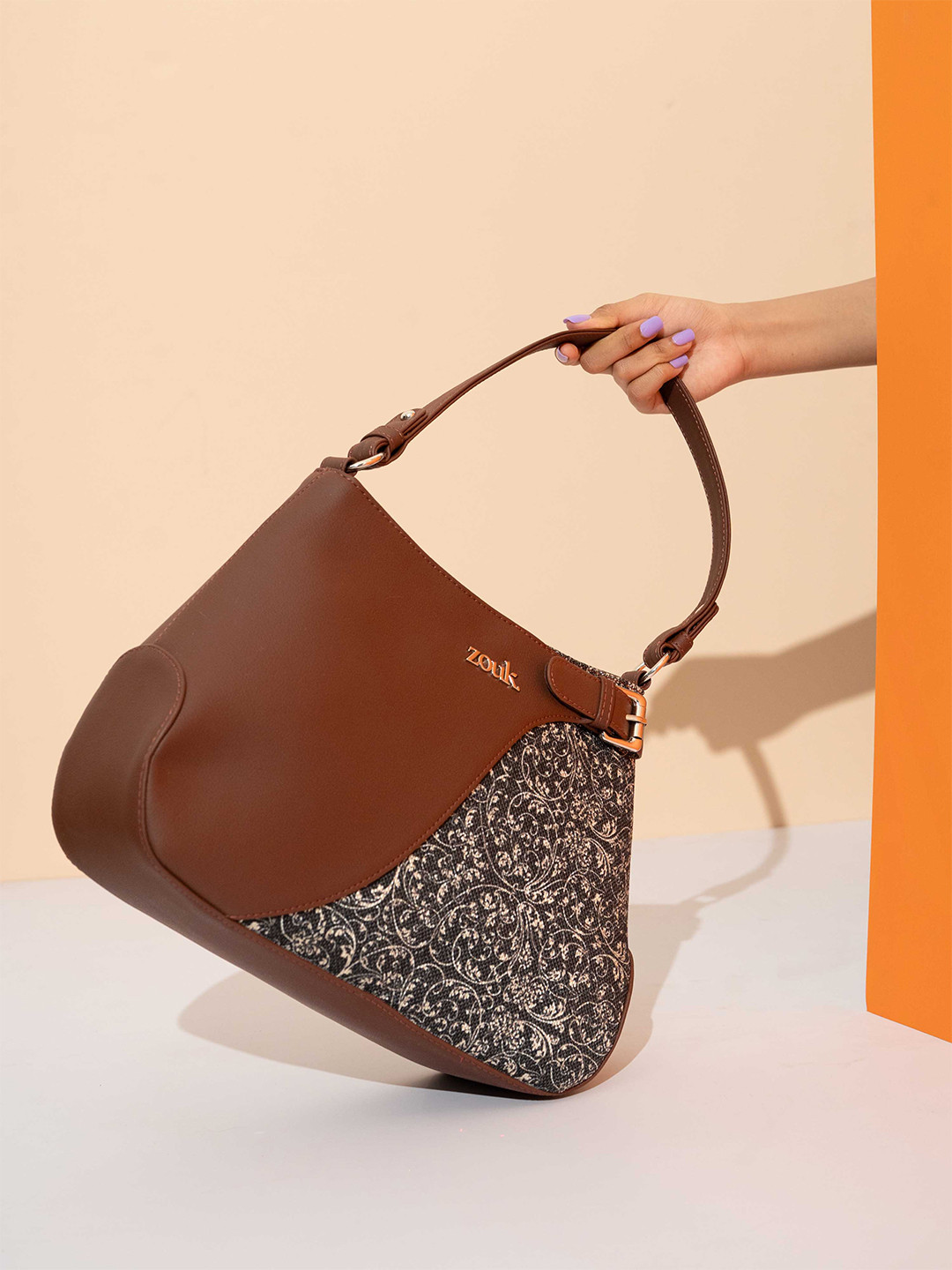 Alt by Zouk  Lattice Lace Floral Printed Leather Structured Handheld Bag