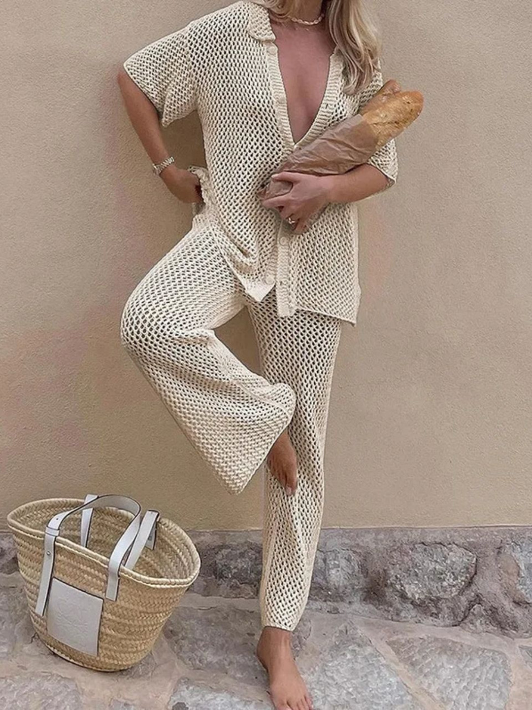 Miss Mosa By Akanksha  Beige Lucia Crochet Knit Coord Set - Resortwear