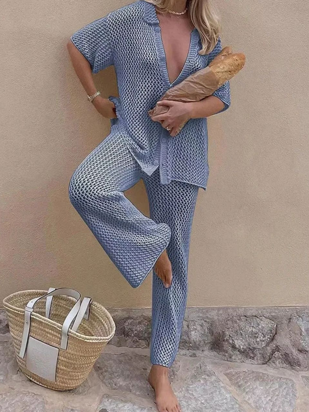 Miss Mosa By Akanksha  Blue Lucia Crochet Knit Coord Set - Resortwear