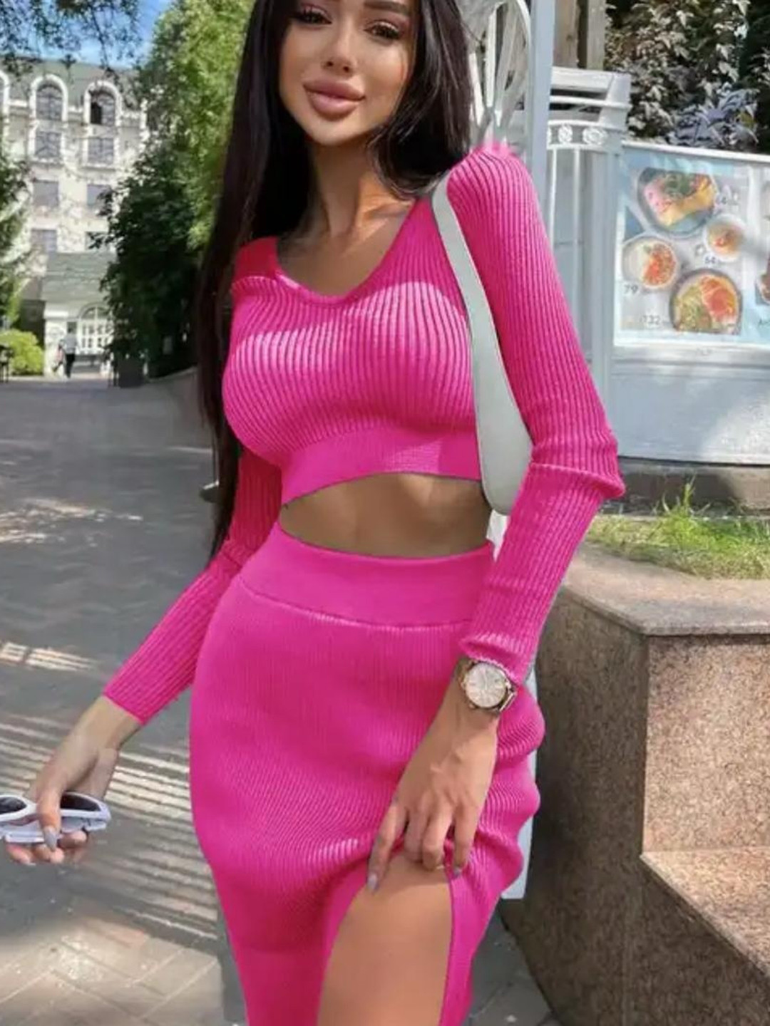 Miss Mosa By Akanksha  Pink Matsel Statement Knit Coord Set