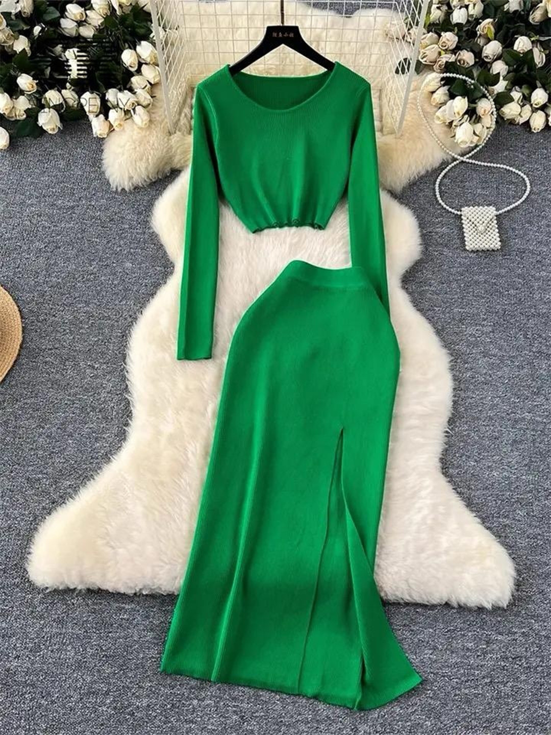 Miss Mosa By Akanksha  Green Matsel Statement Knit Coord Set