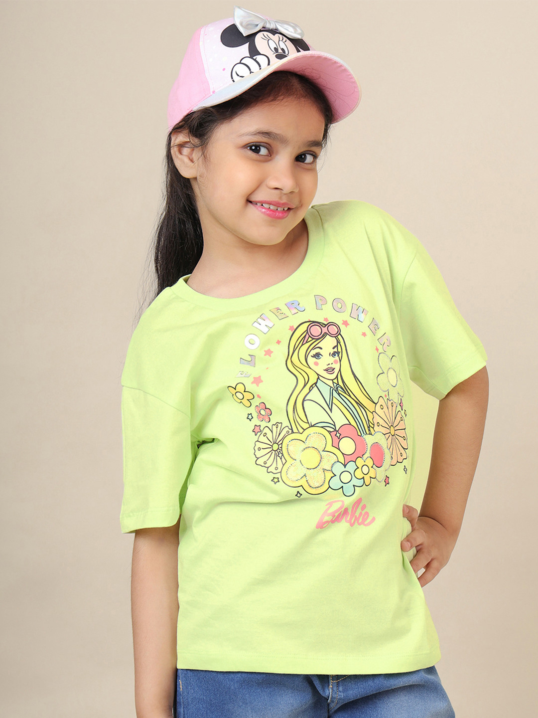 Kids Ville Girls Barbie Printed Round Neck Short Sleeves Oversized Fit Cotton T-Shirt