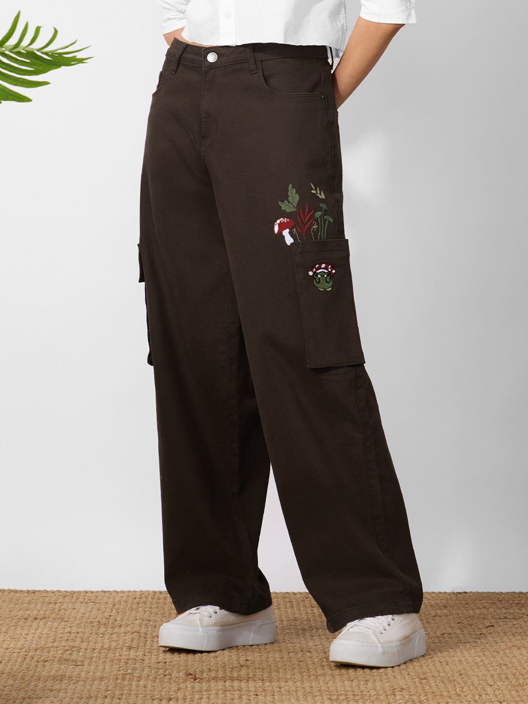 The Souled Store Women Baggy Fit Printed Brown Cargo Jeans
