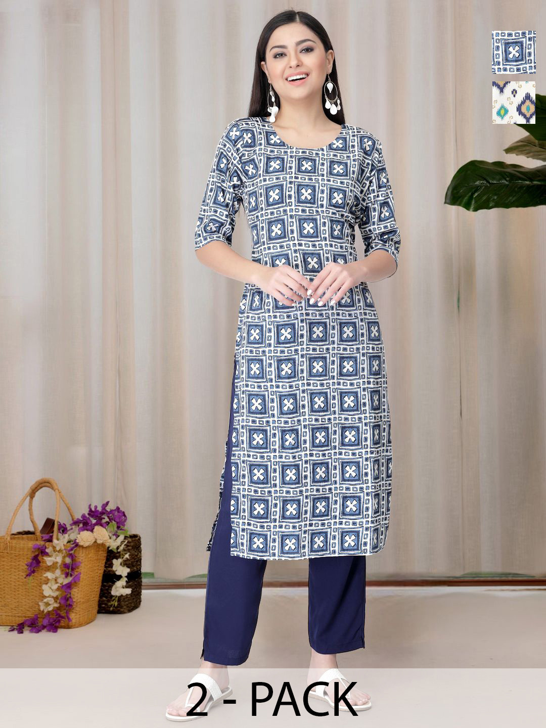 HERE&NOW Selection Of 2 Gemeteric Printed Round Neck Straight Kurta
