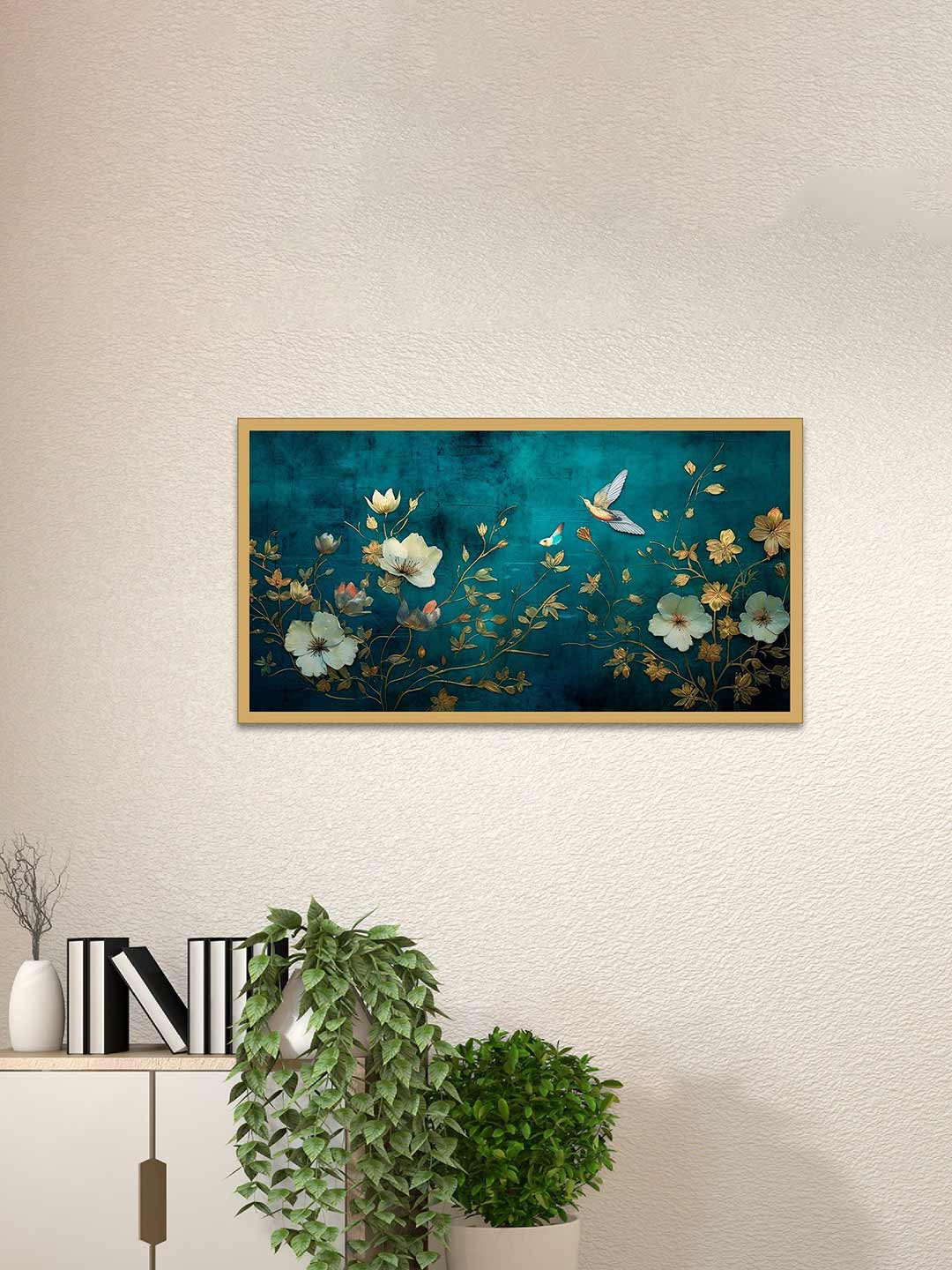 DEKORSTATION Turquoise Blue & Gold-Toned 1 Piece Canvas Floral and Botanical Wall Paintings