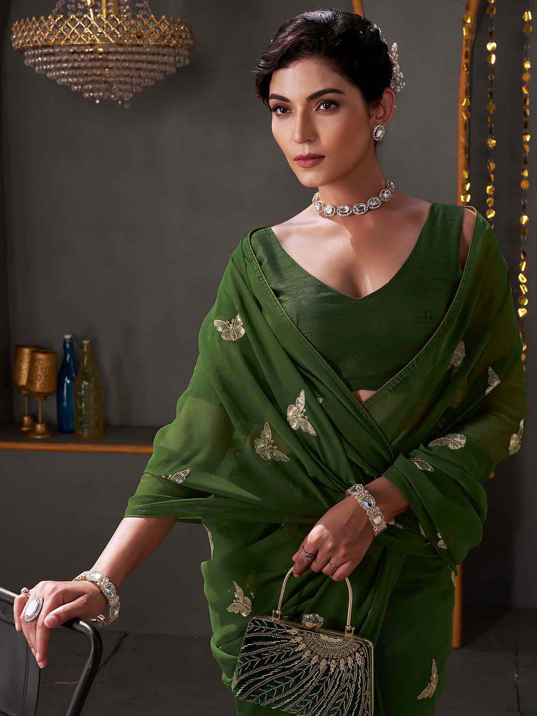 Satrani Embellished Embroidered Pure Georgette Saree