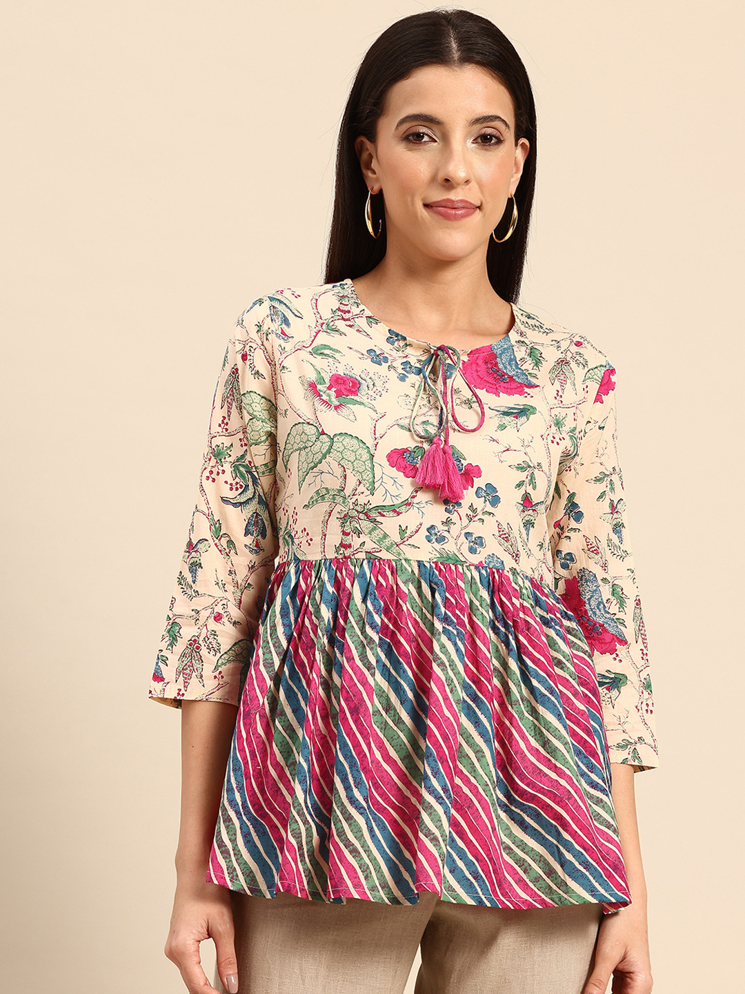 A&K Floral Print Tie-Up Neck Peplum Top