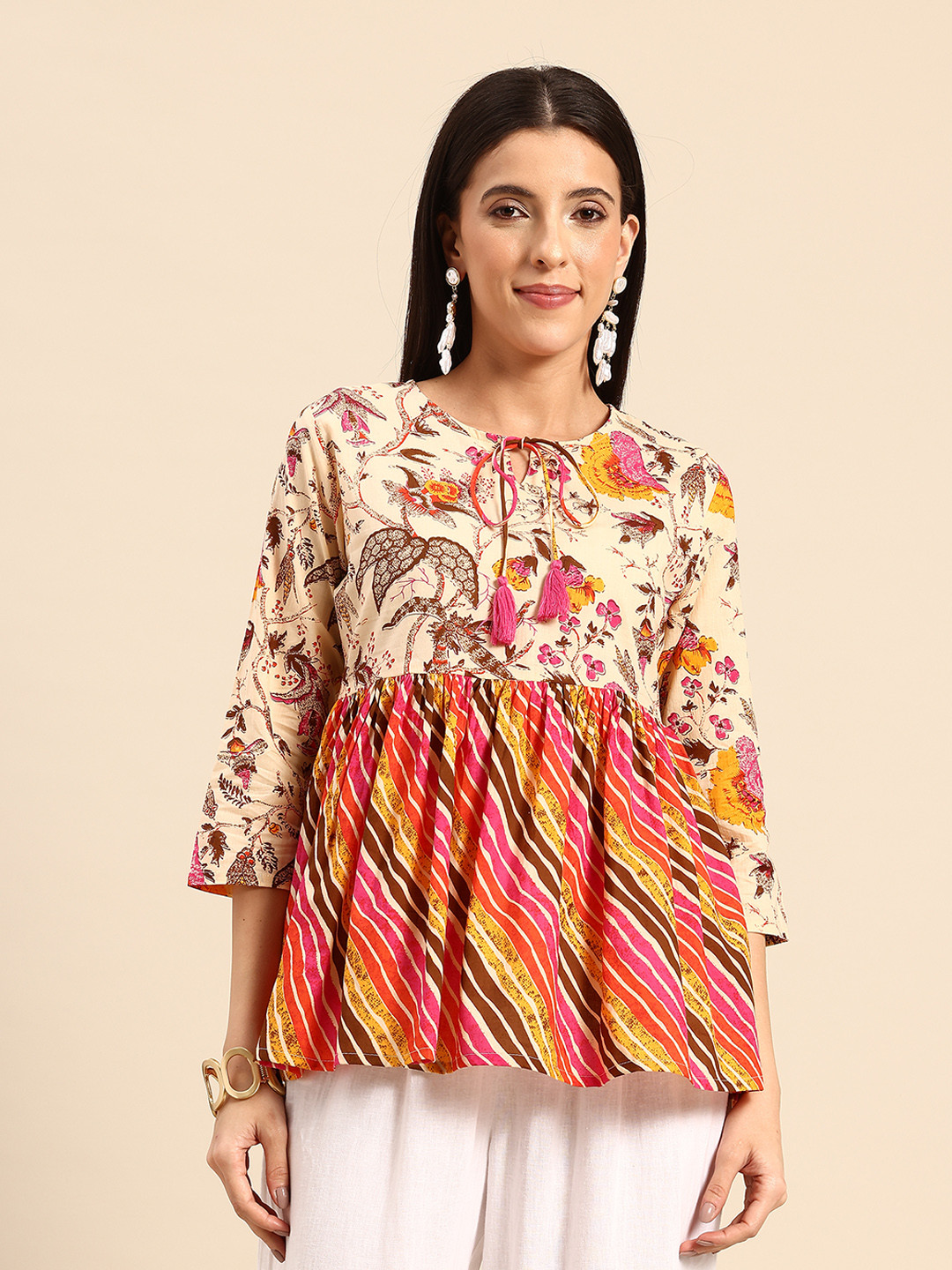 A&K Floral Print Tie-Up Neck Peplum Top