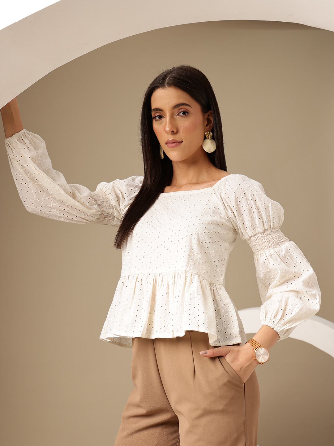 Chemistry Flutter Sleeve Ruffles Cotton Schiffli Peplum Top