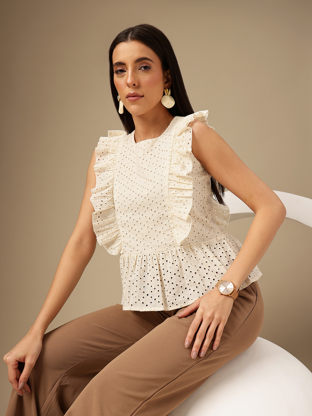 Chemistry Flutter Sleeve Ruffles Cotton Schiffli Top