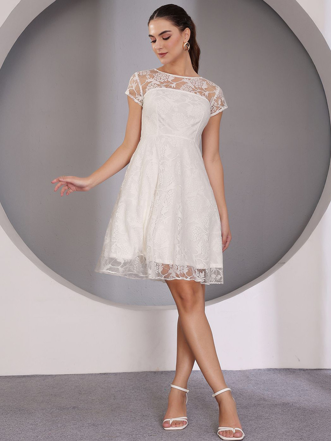 Off White Floral Georgette Mini Party Dress