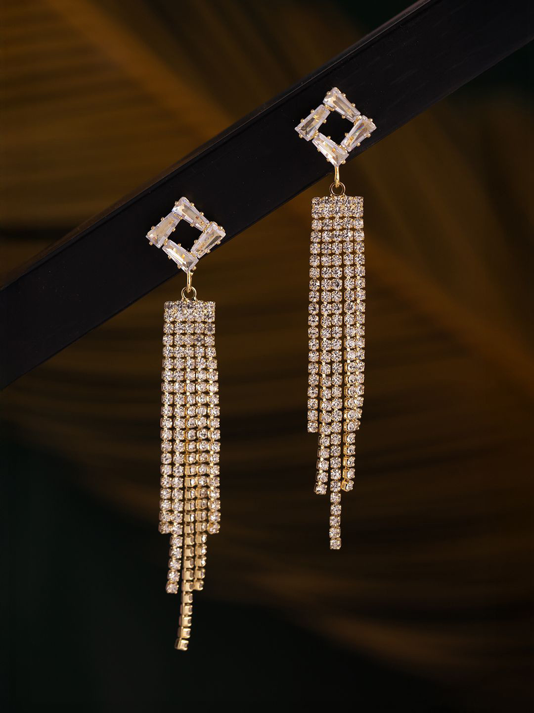 Voylla Korean Bling Gold-Plated AD-Stone Studded Square Tasselled Cascade Drop Earrings