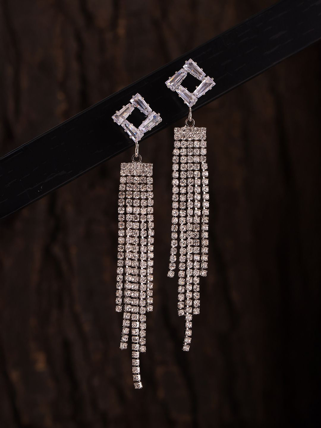 Voylla Korean Bling Twilight Cascade Rhodium-Plated AD Studded Tasselled Drop Earrings