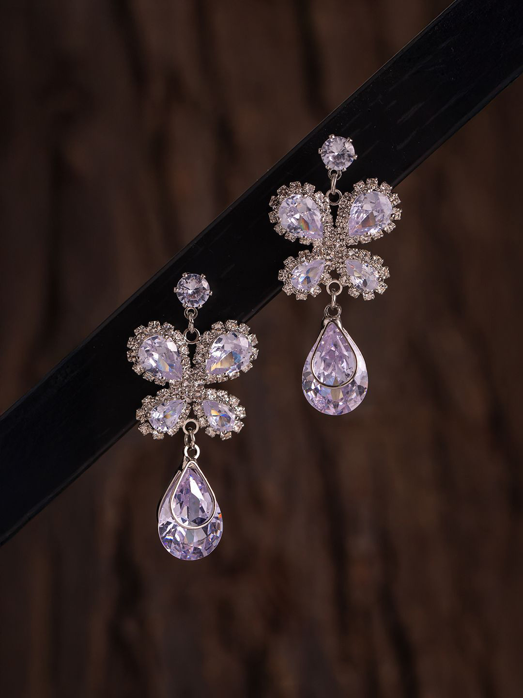 Voylla Korean Bling Rhodium-Plated AD & Crystal Studded Flutter Drop Earrings
