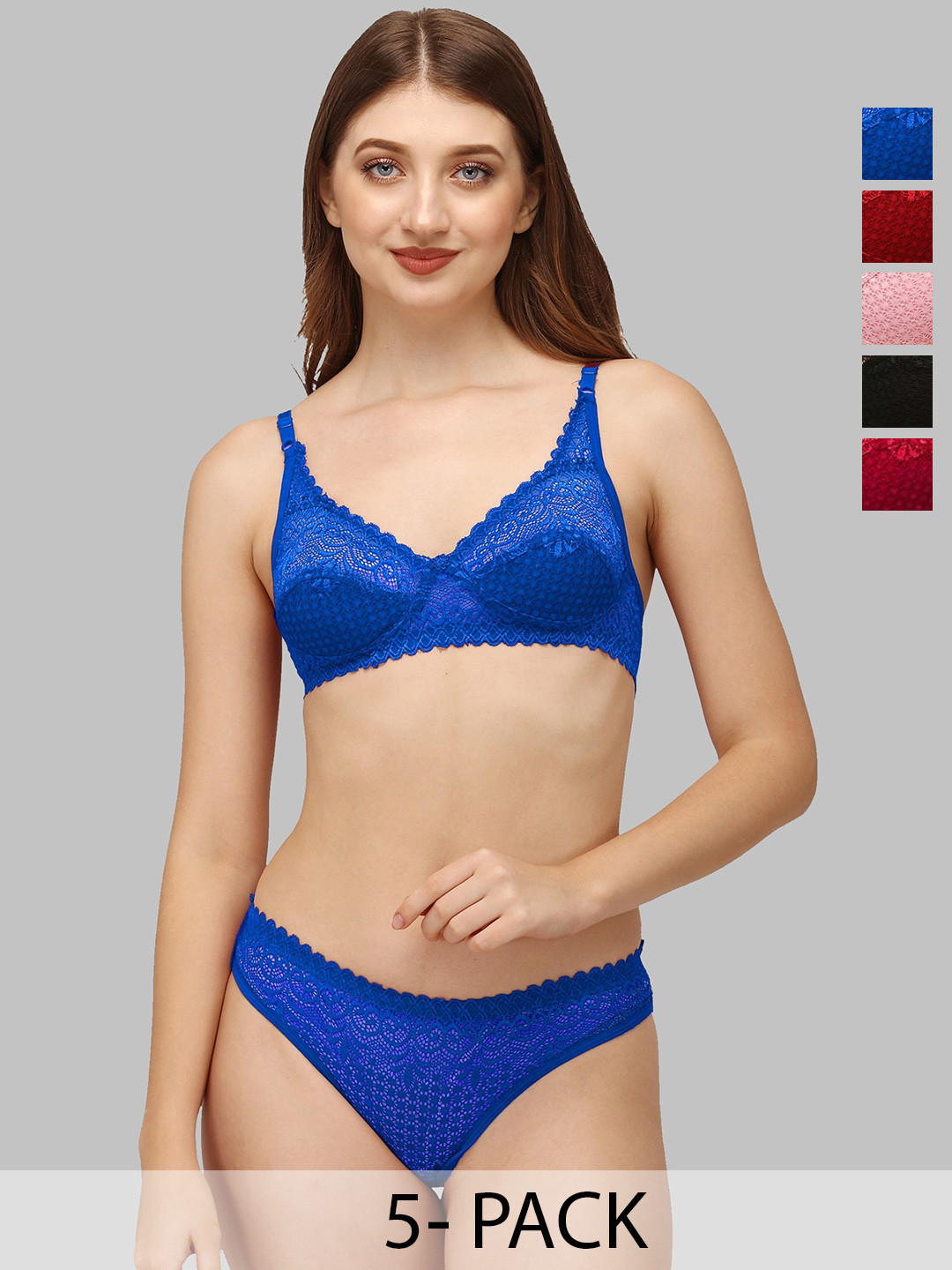 DHANDAI FASHION 5Pc Non Padded Lingerie Set Decent Set-Black Blue Mrn Pnk Red (M-1-5P)-