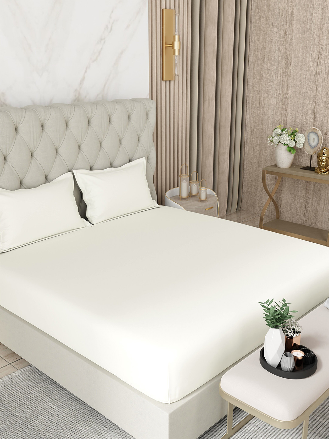 Pure Decor Book Fold Cream Cotton 300 TC King Fine Bedsheet with 2 Pillow Covers-108 x 108 inches