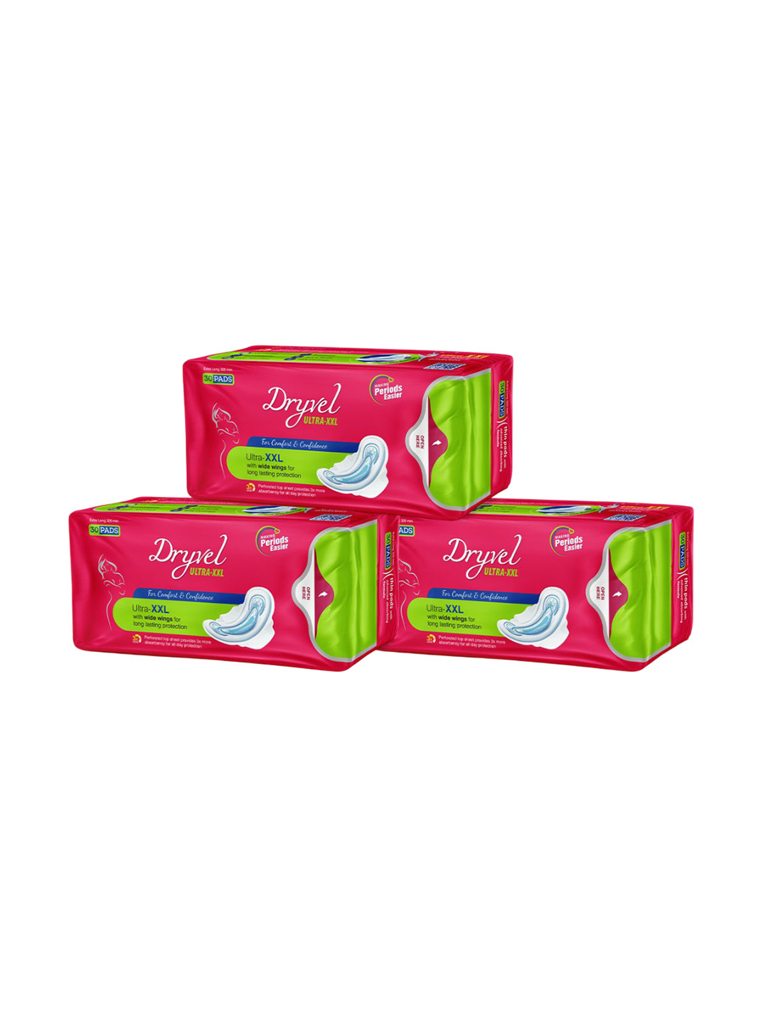 Dryvel Set Of 3 Menstrual Cycle Ultra Sanitary Pads With Wider Wings-  XXL- 30 Pads Each