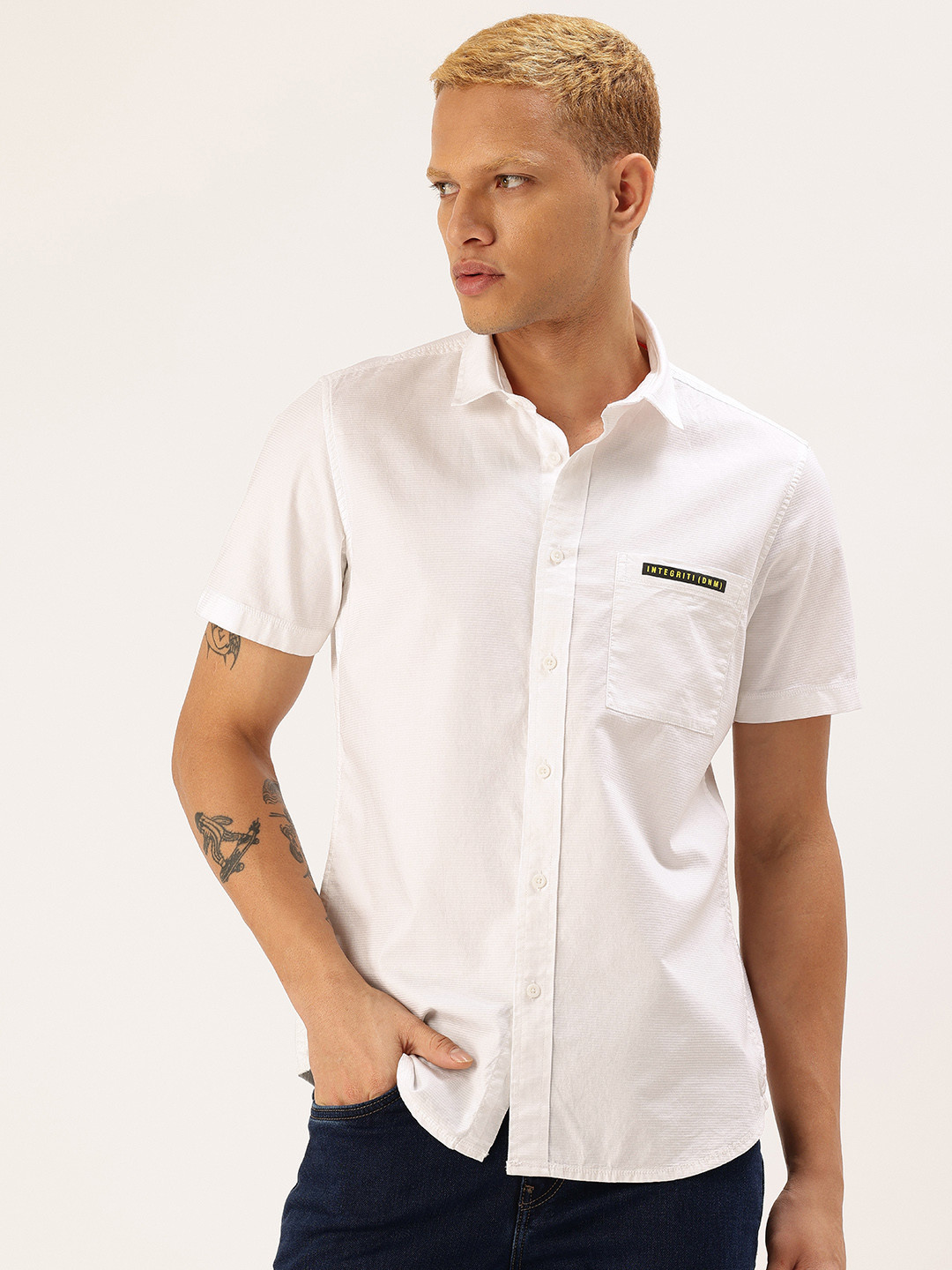 Integriti Pure Cotton Self Design Modern Slim Fit Textured Shirt