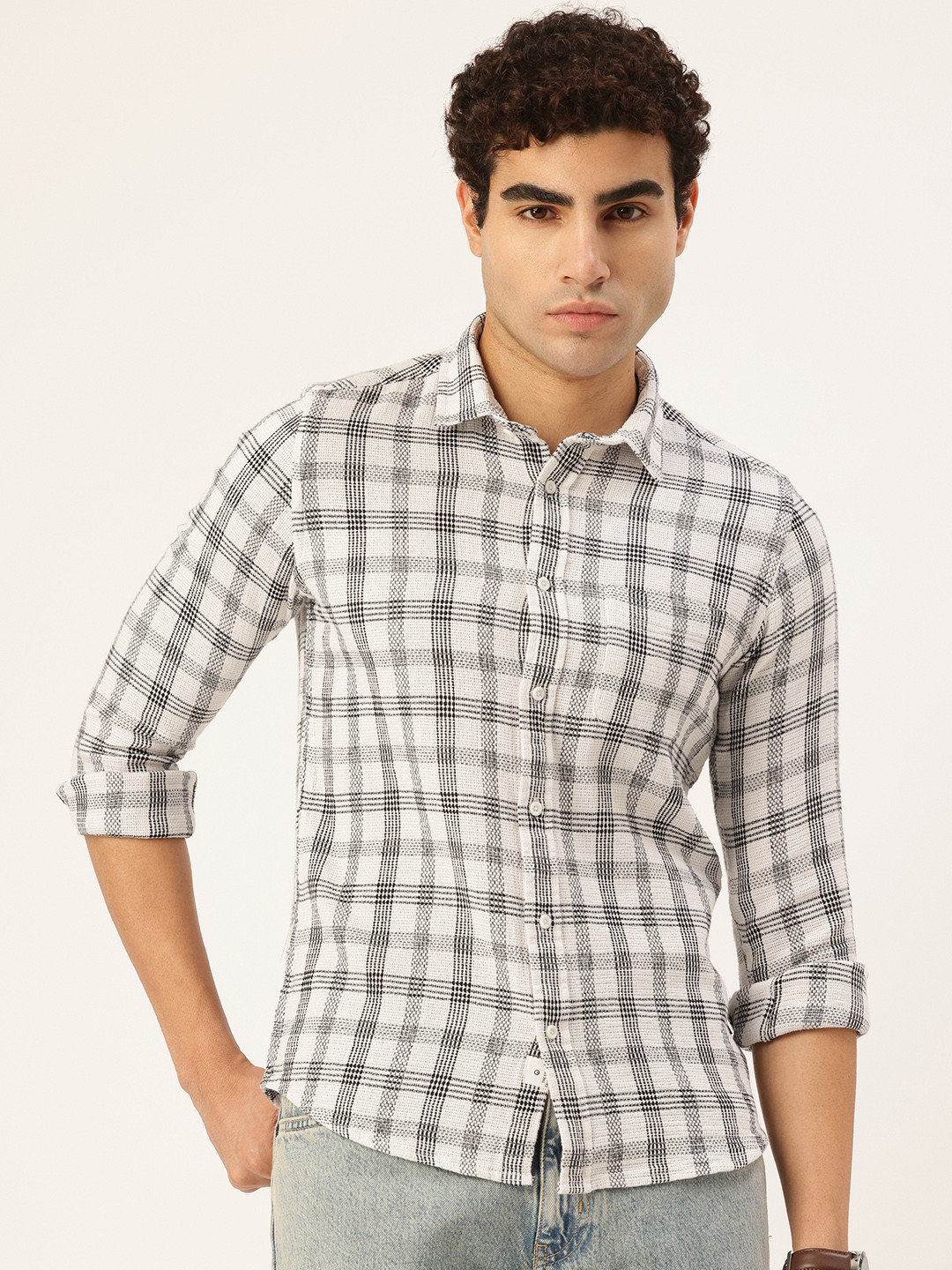 Integriti Pure Cotton Slim Fit Checked Knitted Casual Shirt