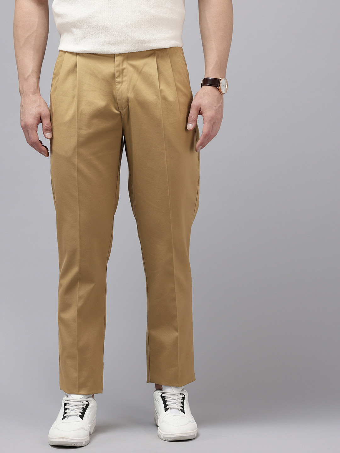 ColorPlus Men Pure Cotton Comfort Fit Wrinkle Resistant Pleated Chinos Trousers