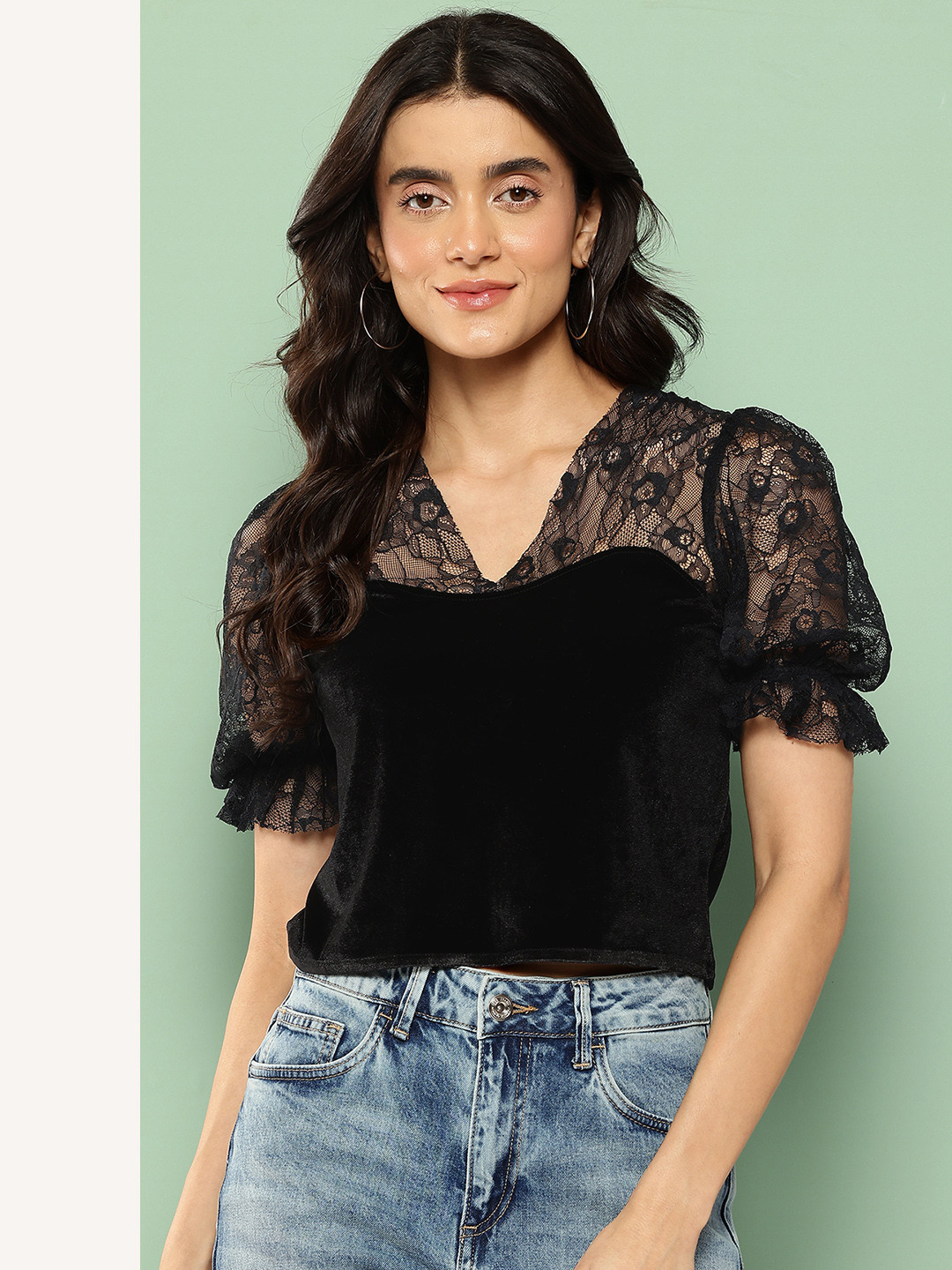 Killer Lace Inserts V-Neck Puff Sleeve Semi Seer Velvet Crop Top