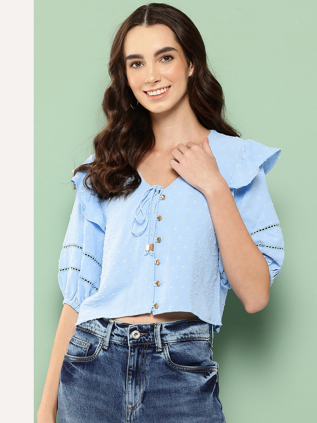 Killer Dobby Weave V-Neck Puff Sleeves Crop Top with Ruffles and Tie-Up Detail