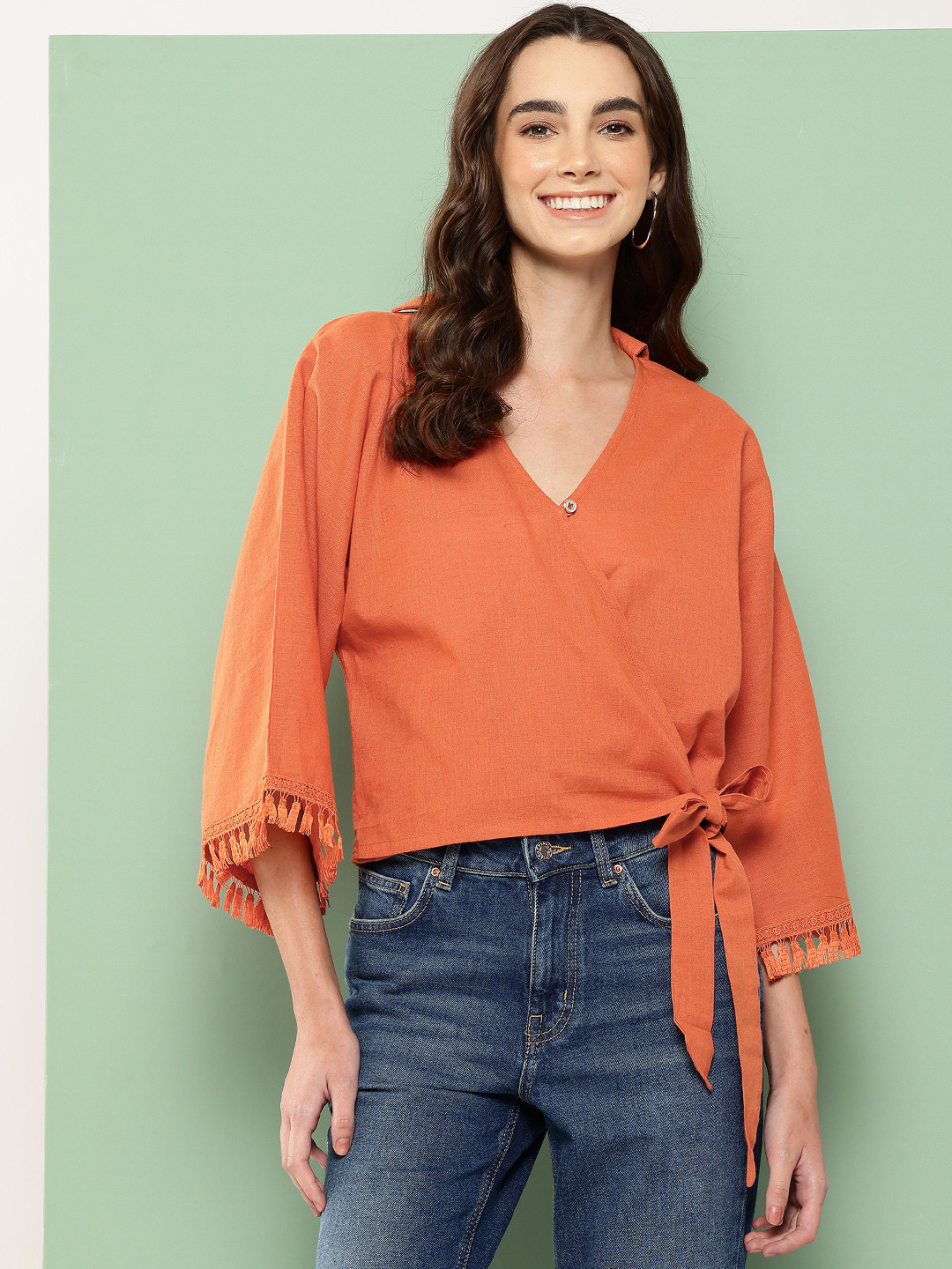 Killer V-Neck Flared Sleeve Wrap Top with Tie-Up Waist
