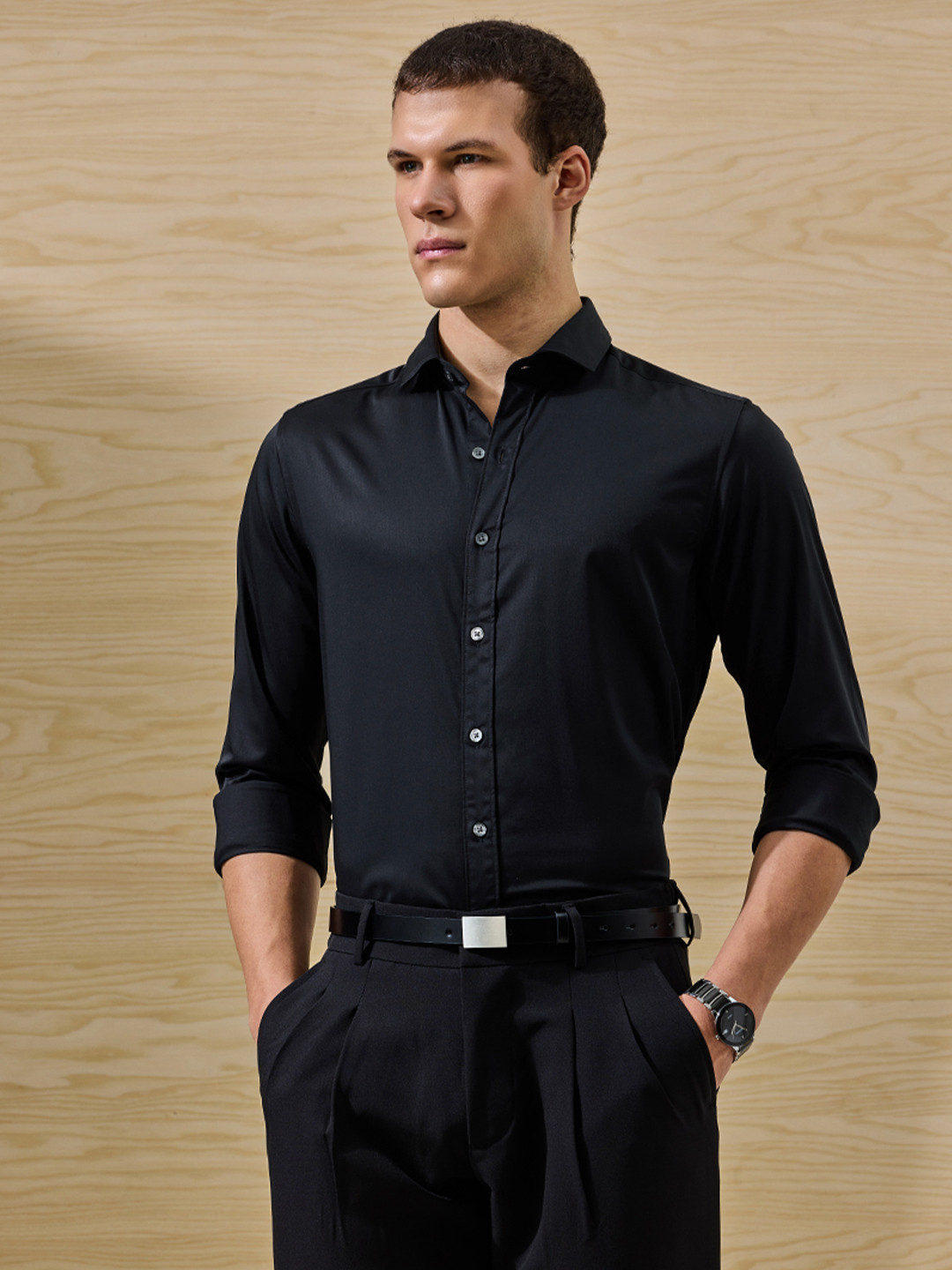 Snitch Black Slim Fit Stretch Luxe Shirt
