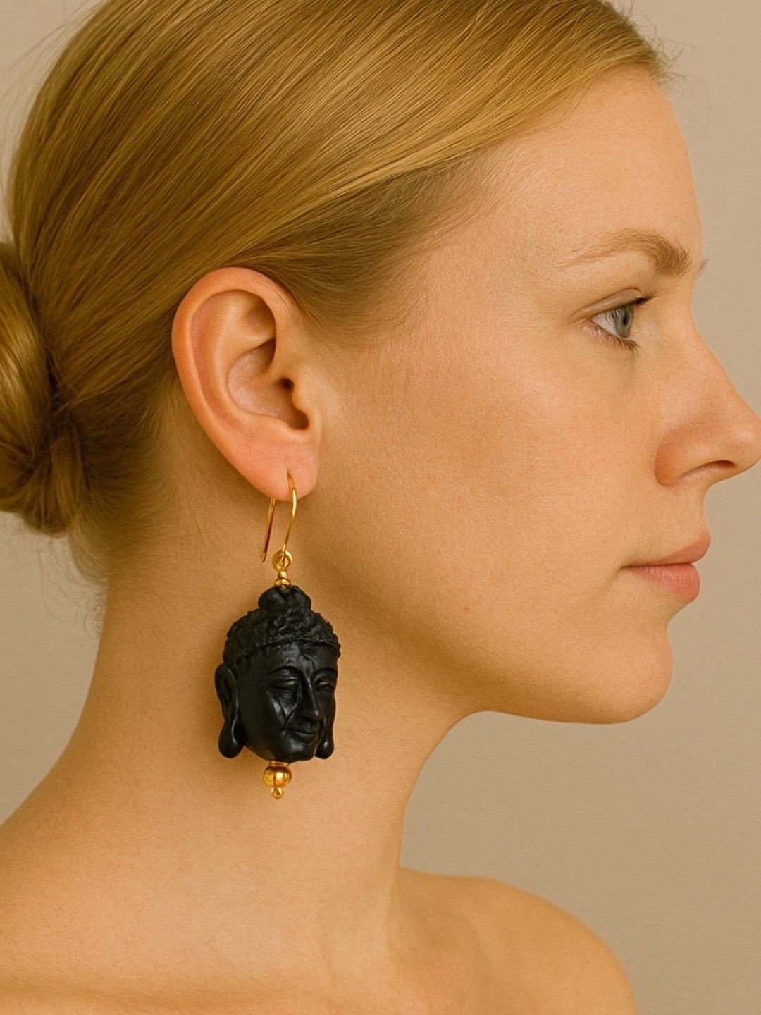 Digital Dress Room Buddha faced Gold-Plated Contemporary Drop Earrings