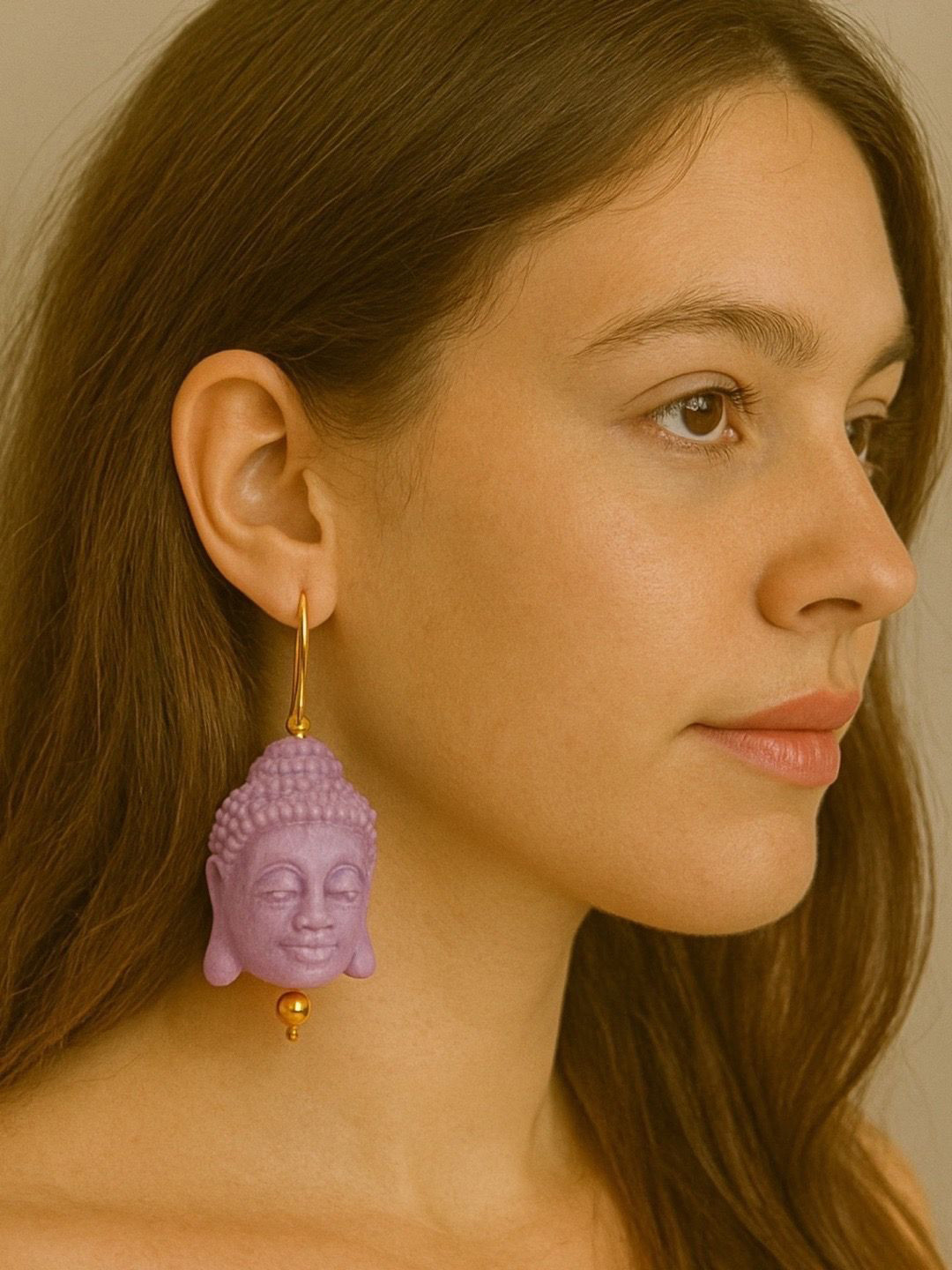 Digital Dress Room Buddha face Gold-Plated Contemporary Drop Earrings