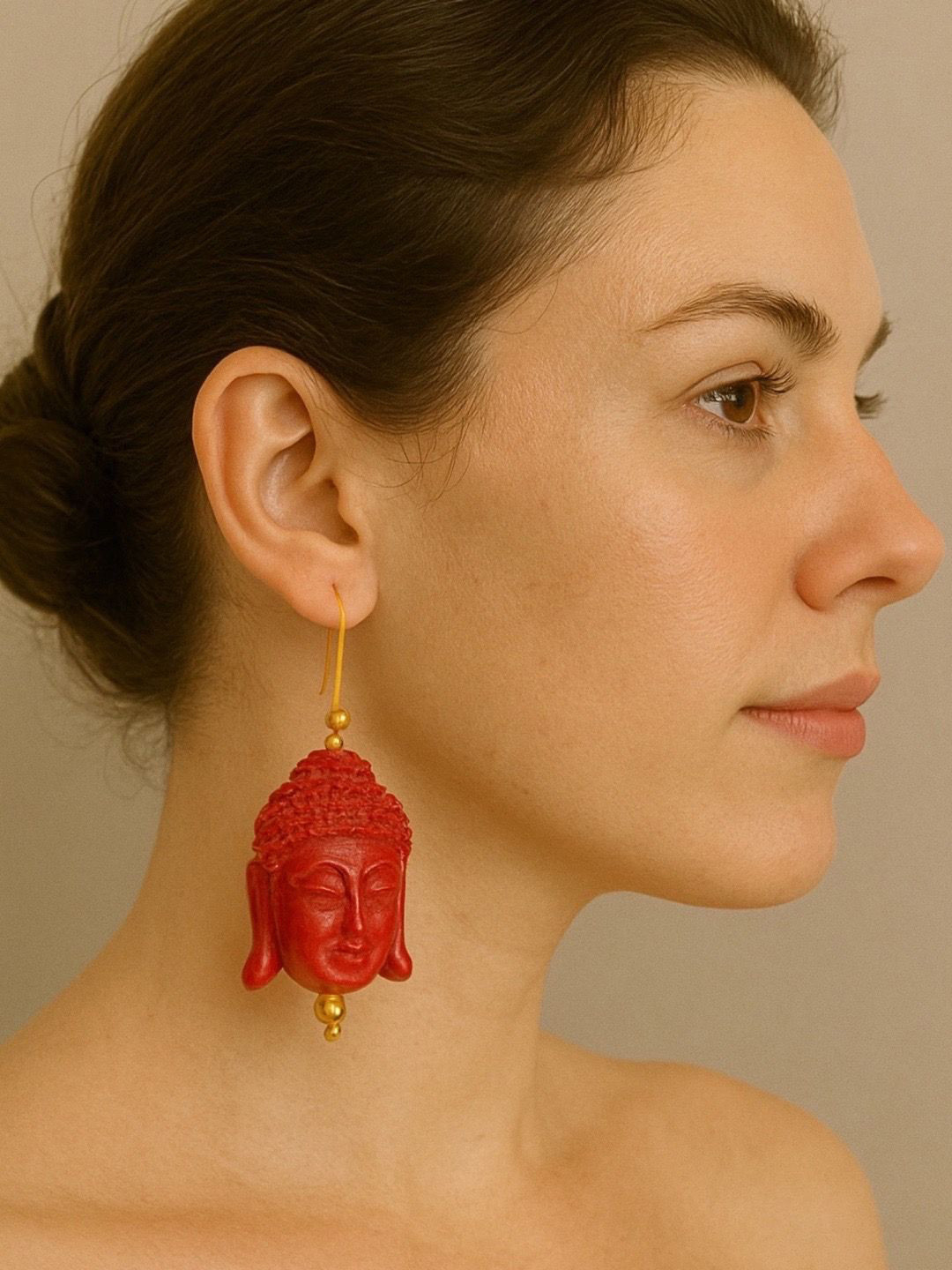 Digital Dress Room Buddha Faced Gold-Plated Contemporary Drop Earrings