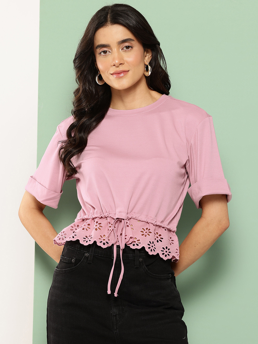 Killer Schiffli Detail Tencel Cinched Waist Top
