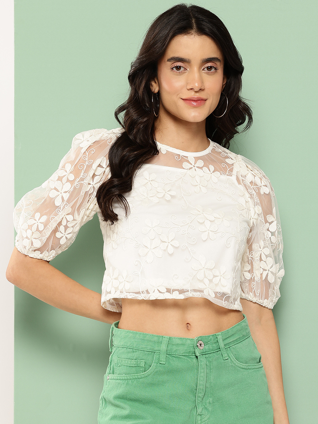 Killer Puff Sleeve Lace Crop Top with Camisole