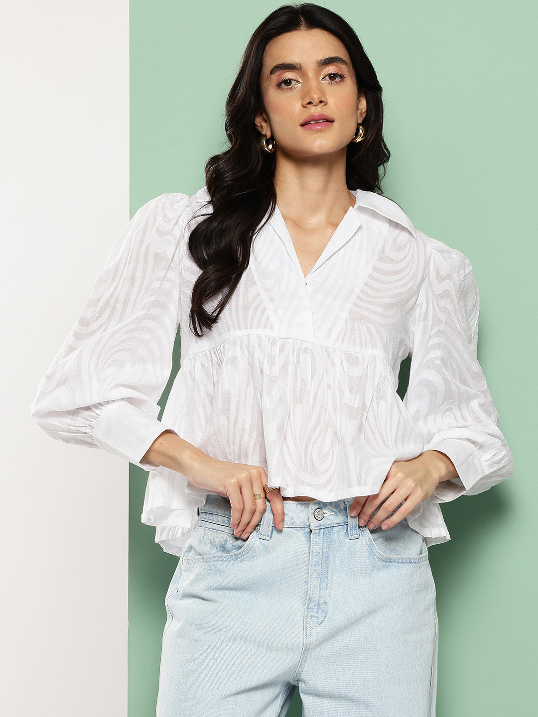 Killer Abstract Self-Design Lapel Collar Pleated Detail Puff Sleeves Jacquard A-Line Top