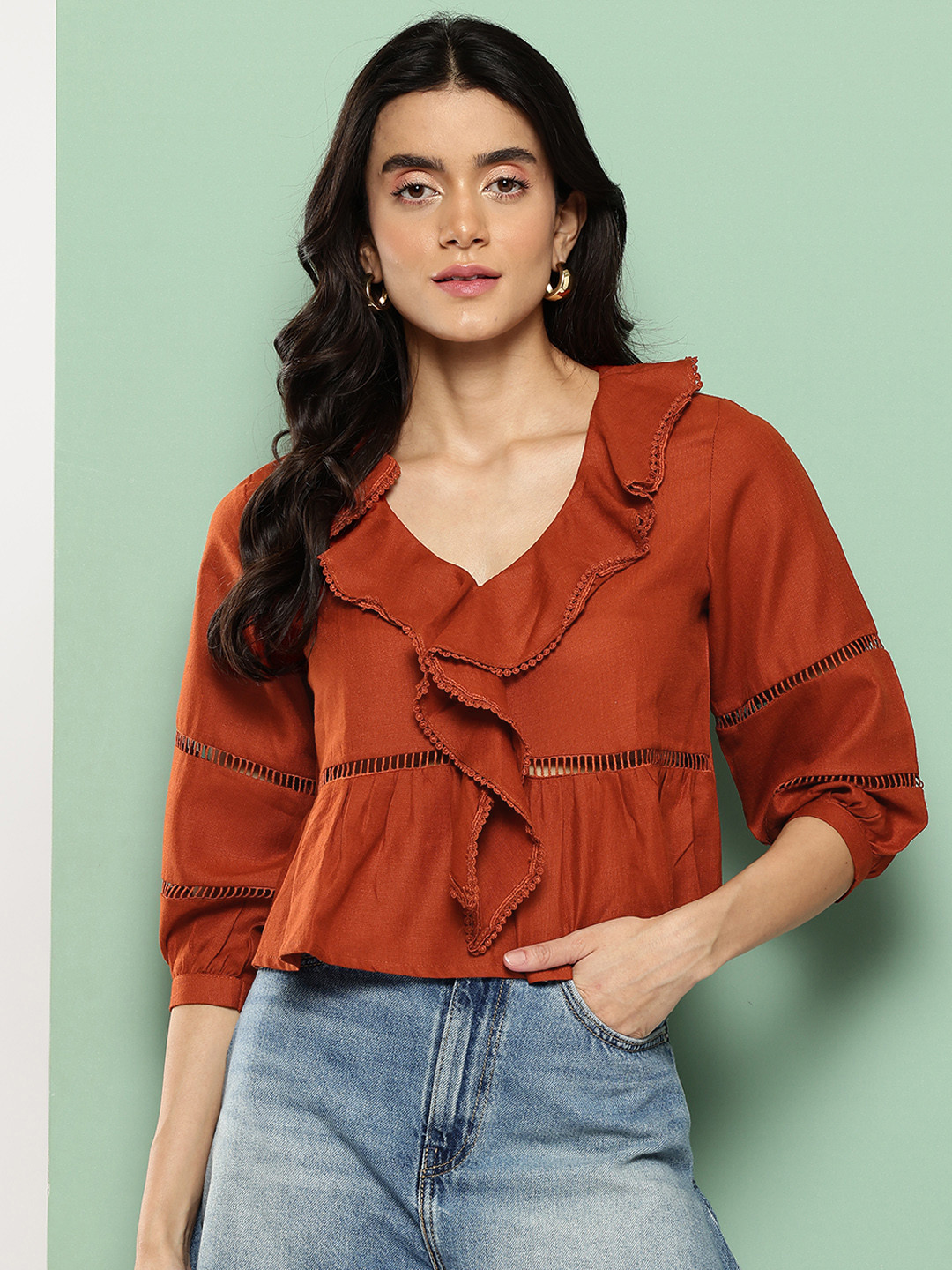 Killer Ruffled & Lace Insert Detail V-Neck Puff Sleeves Crop Top