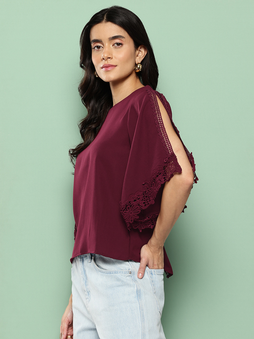 Killer Boat Neck Slit Sleeves Lace Insert Detail Top