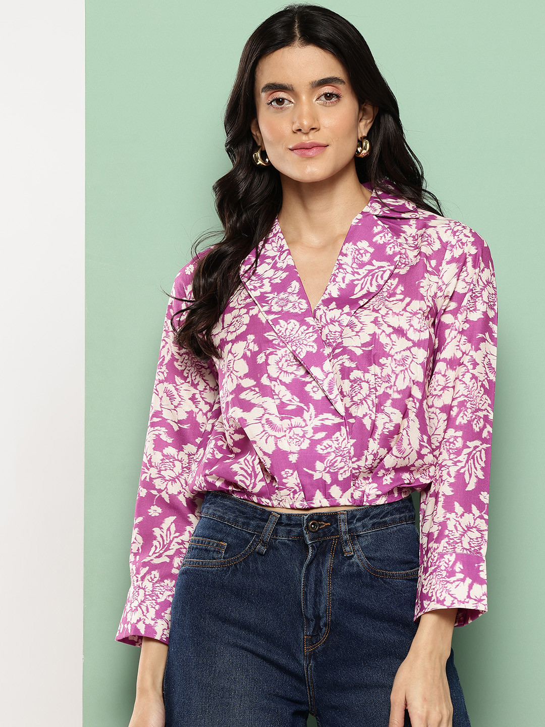 Killer Floral Print Lapel Collar Crop Wrap Top