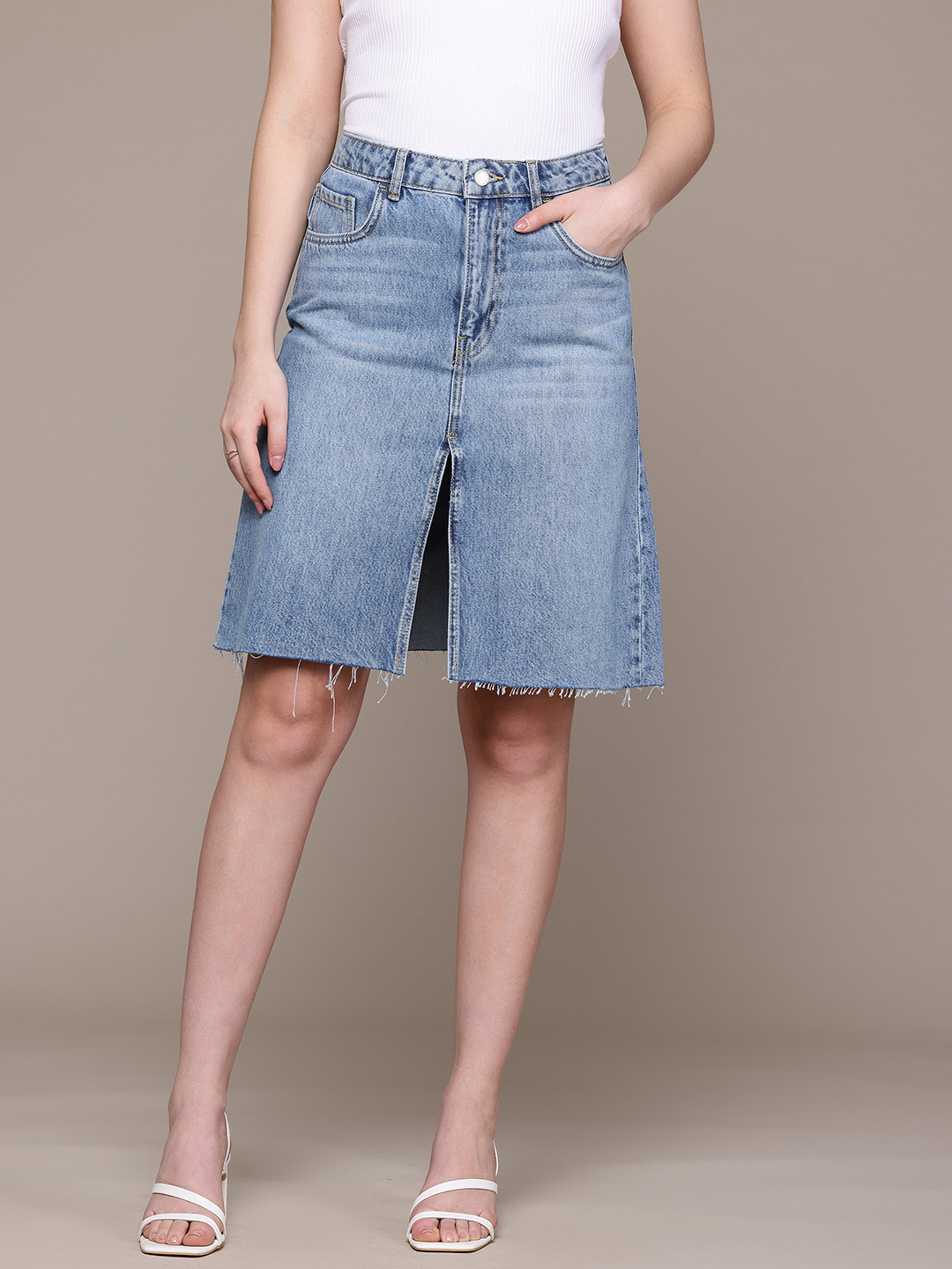 MANGO Washed Effect Mid-Rise Pure Cotton A-Line Denim Skirt with Front Slit