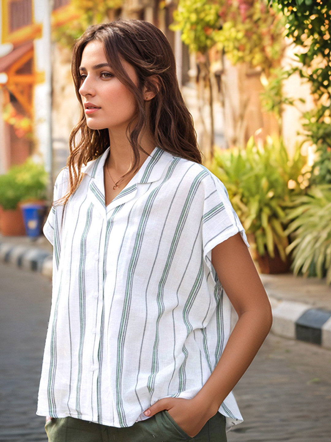 Aaghnya Vertical Striped Shirt Collar Linen Top