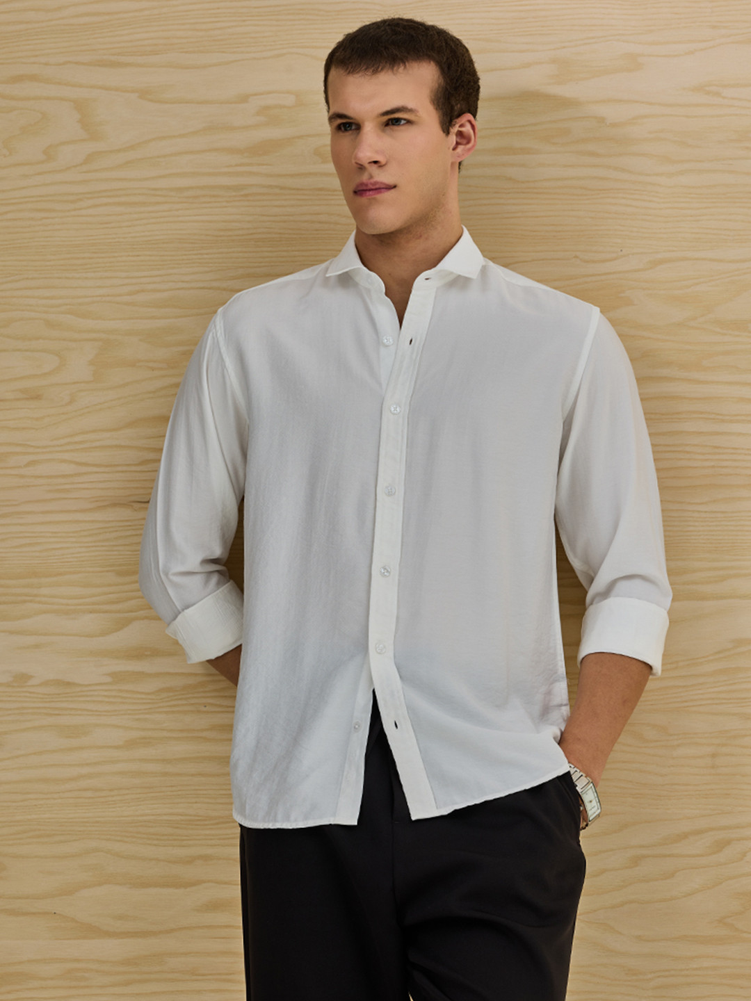 Snitch Slim Fit Spread Collar Long Sleeves Plain Shirt