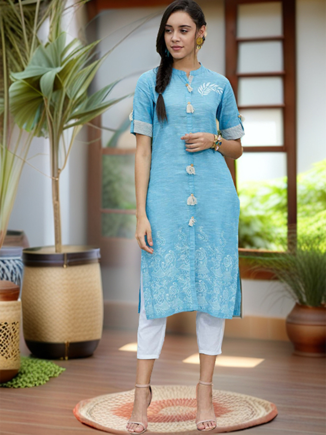 Pannkh Women Front Tassel Indie Prints Kurta