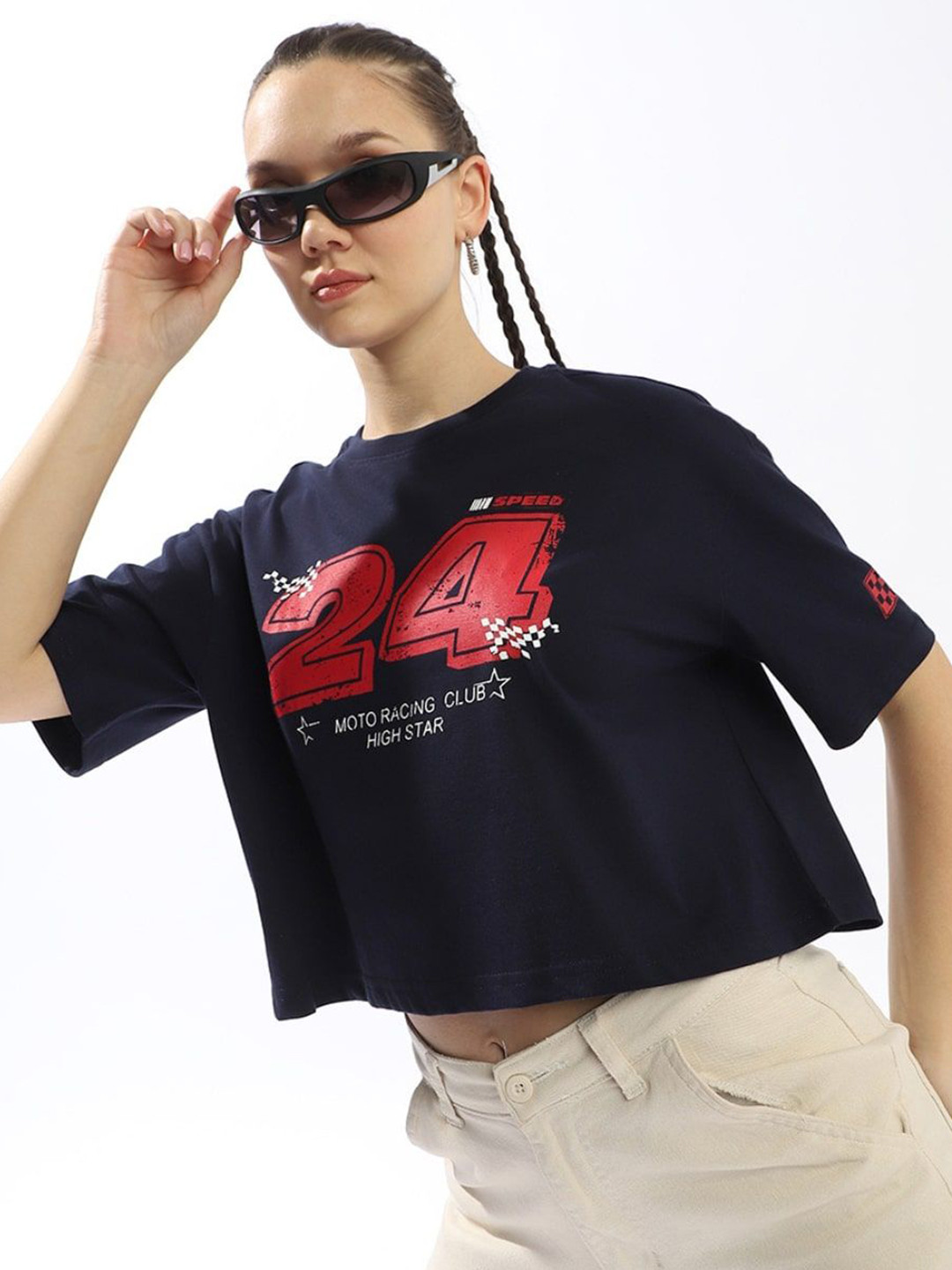 High Star Printed Drop-Shoulder Sleeves Pure Cotton Cropped T-Shirt