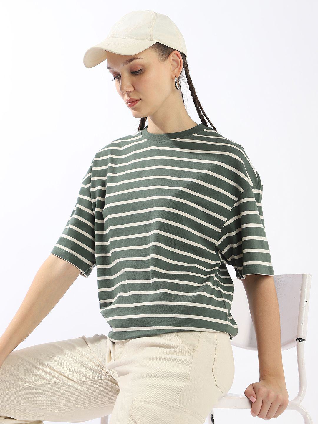 High Star Striped Drop-Shoulder Sleeves Monochrome Cotton Oversized T-Shirt