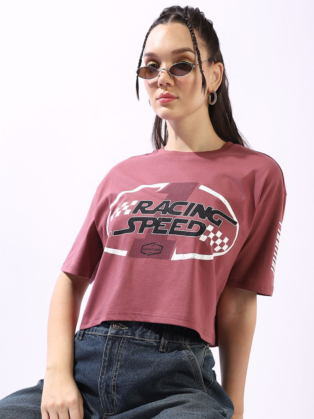 High Star Printed Drop-Shoulder Sleeves Pure Cotton Cropped T-Shirt