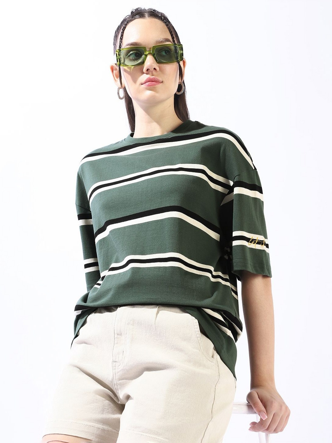 High Star Women Oversized Striped Cotton T-shirt