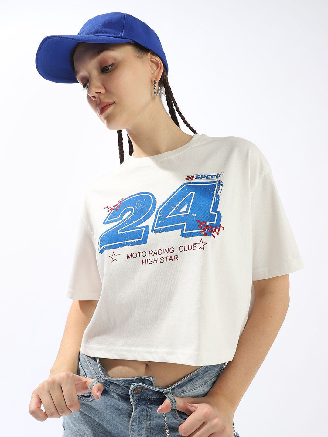 High Star Printed Drop-Shoulder Sleeves Pure Cotton Cropped T-Shirt